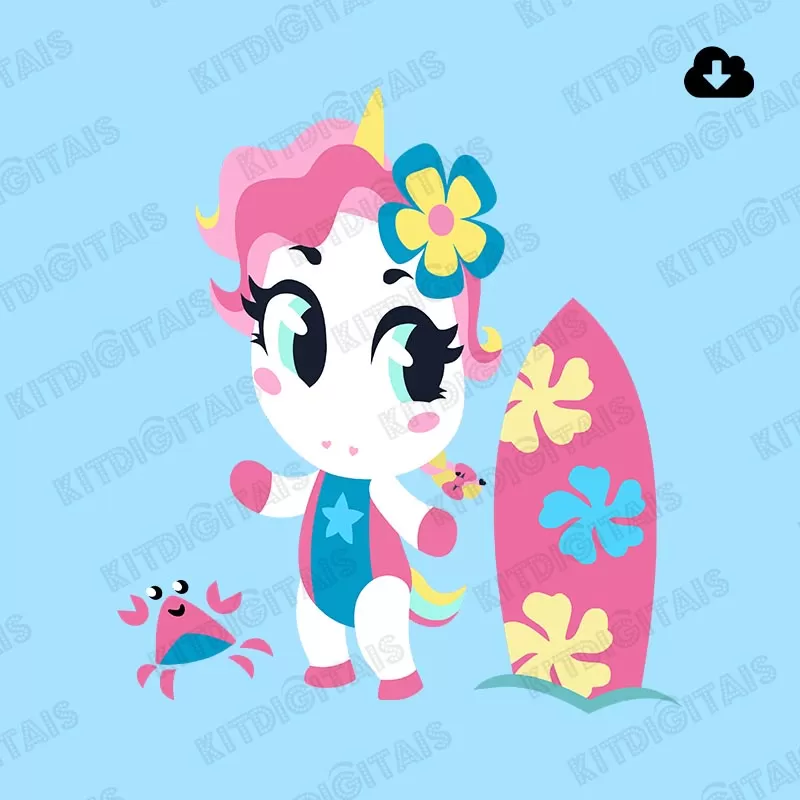 Unicórnio Kawaii Surf Summer