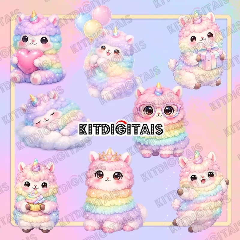 Lhama Kawaii Cute em PNG - Kit Digital kitdigitais